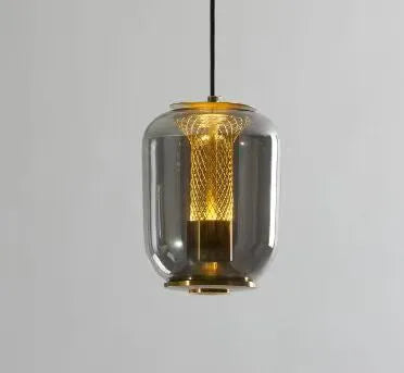 Minimalist Nordic chandelier with geometric metal frame in smoked grey, cognac, or clear colour options