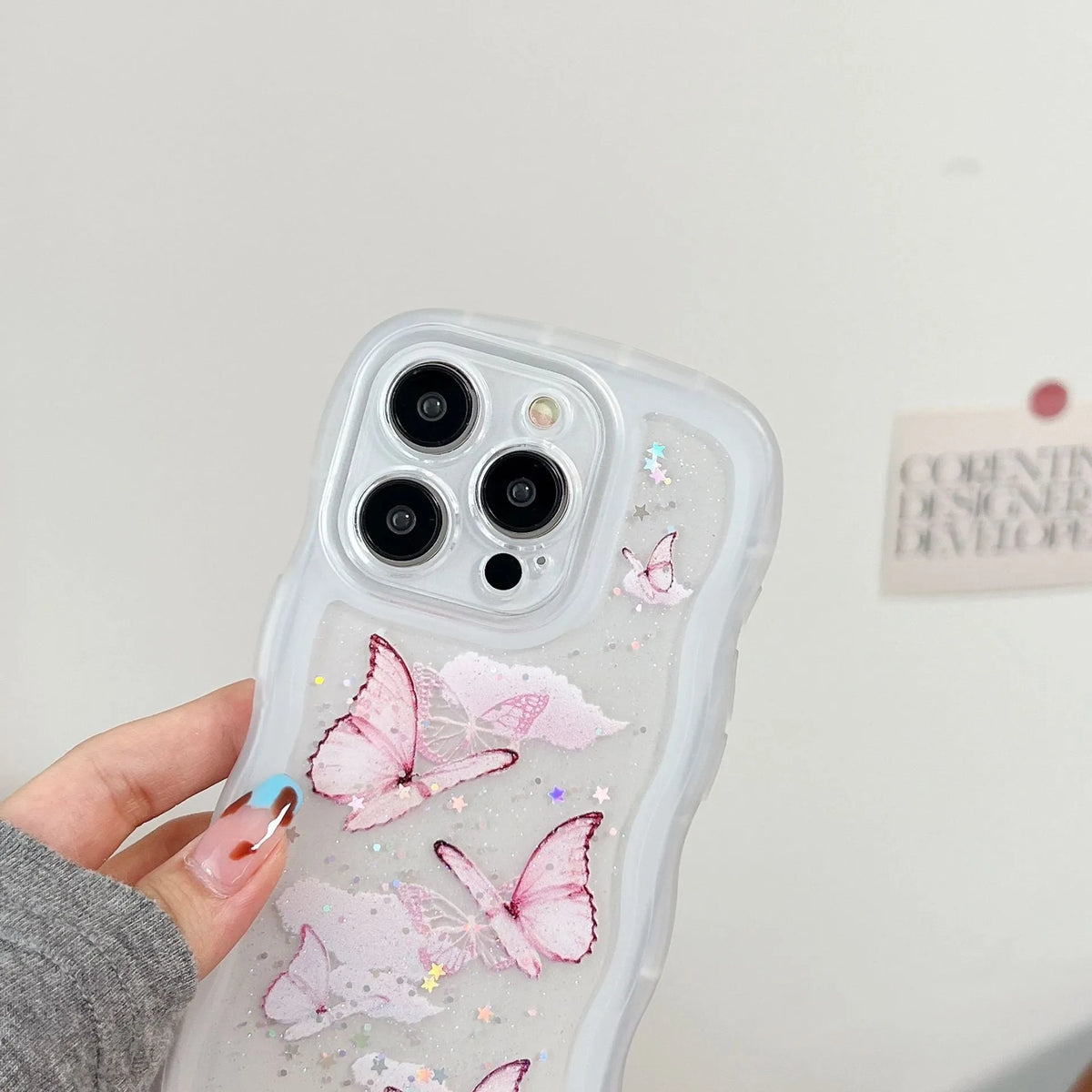 TPU transparent protective phone cover with painted butterfly glitter design and wave pattern for iPhone models