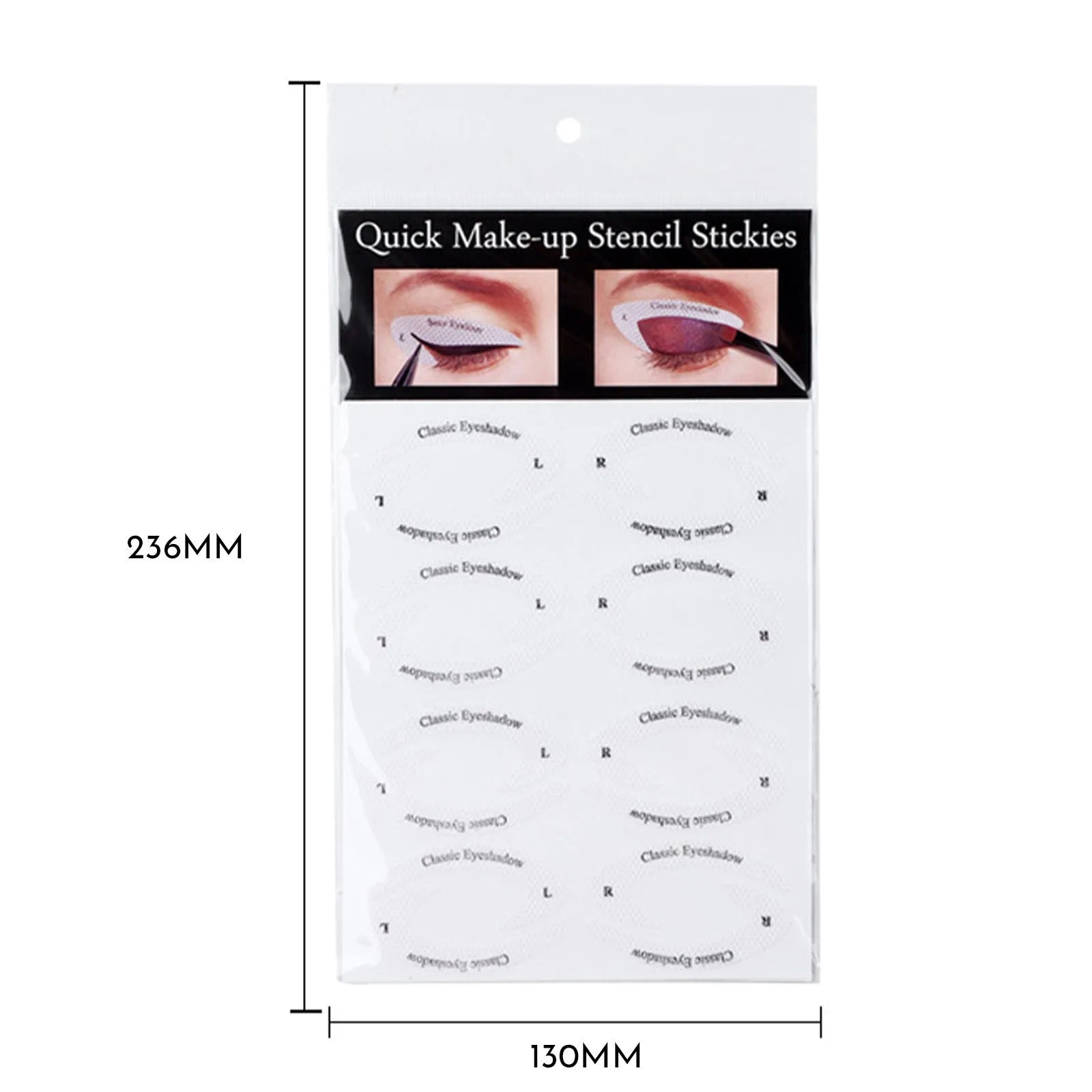 Set of four flexible, reusable eyeliner and eyeshadow stencil templates on a pink background.