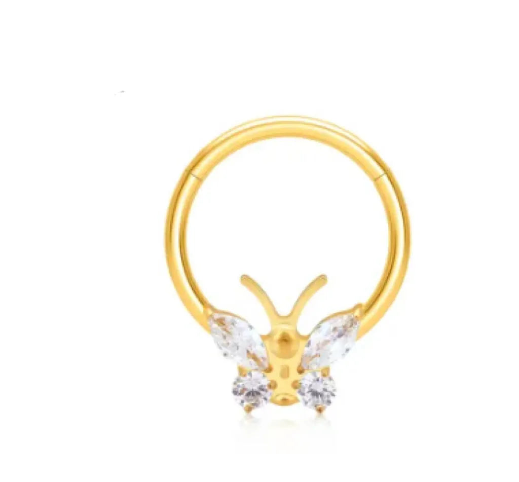 Titanium alloy labret nose ring with inlaid butterfly zircon on a closed ring stud, gold white colour, unisex bow shape