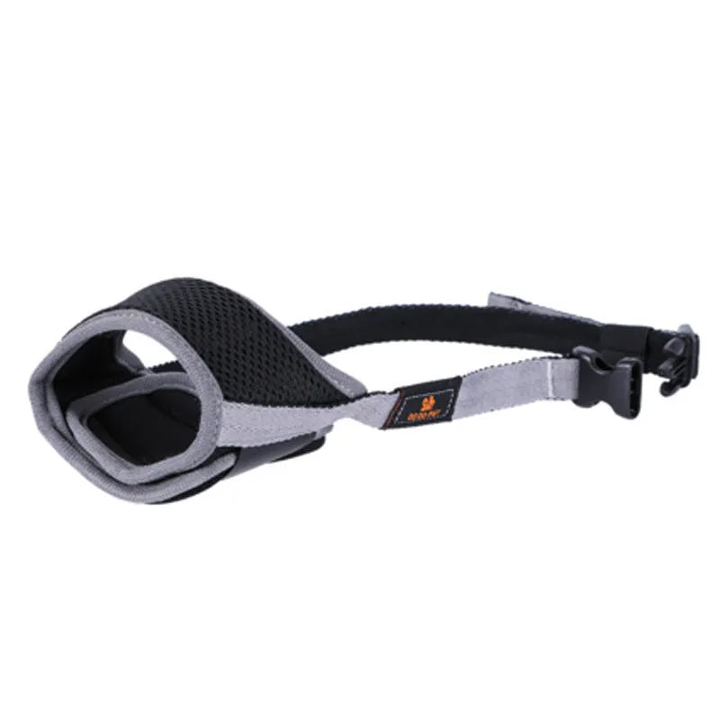 Adjustable dog muzzle mask in canvas and breathable mesh with Velcro straps and ABS grip, available in multiple colours and sizes XS to XXL.