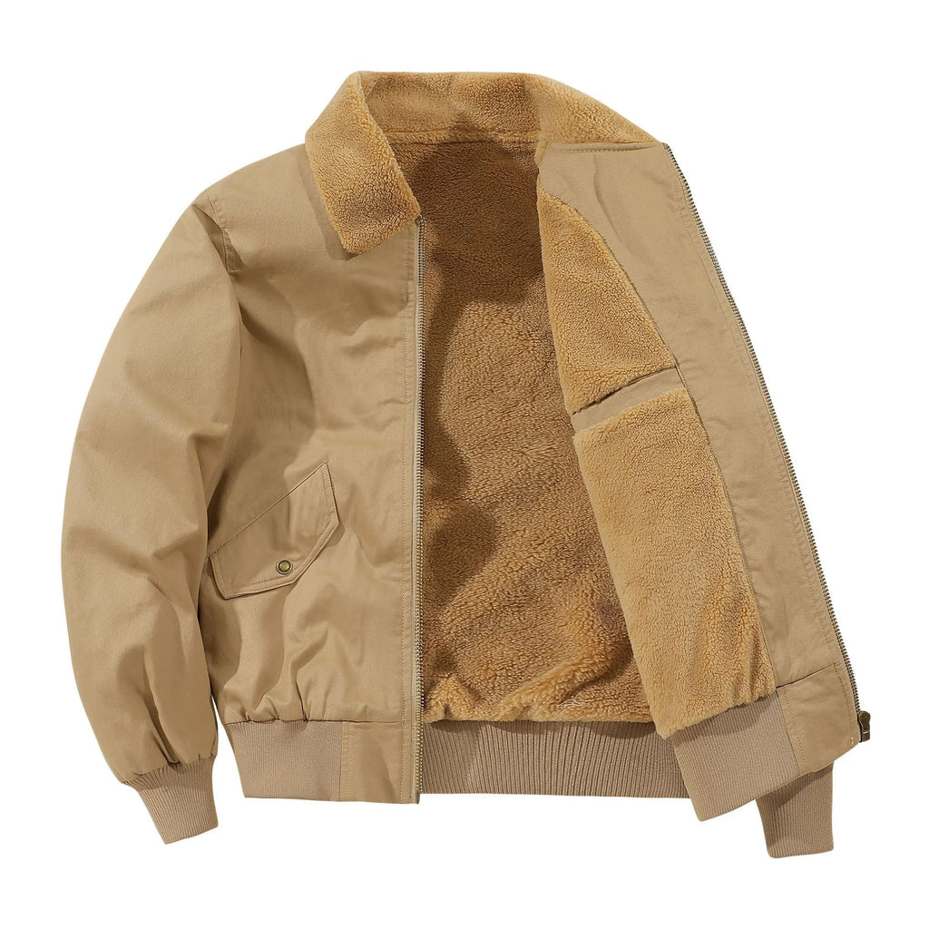 Men's fleece-lined washed cotton jacket in black, khaki or army green, loose thickened casual fit