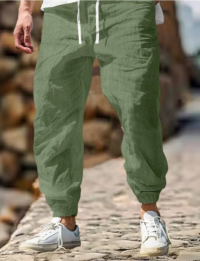 Men's straight leg cotton trousers with elastic waistband in seven colour options