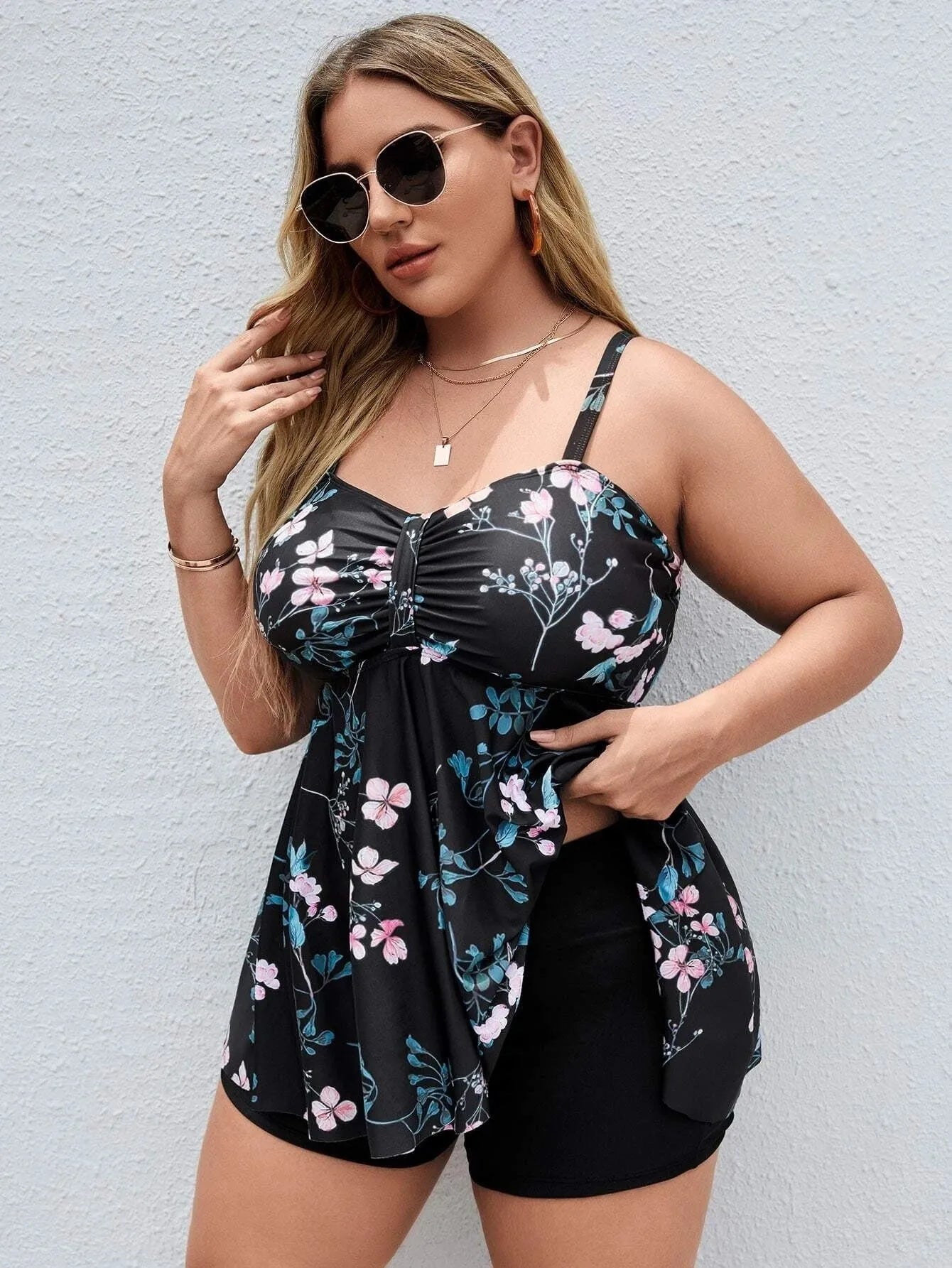 Women's floral print one-piece swimsuit in high-elasticity polyester, sizes 0XL to 4XL