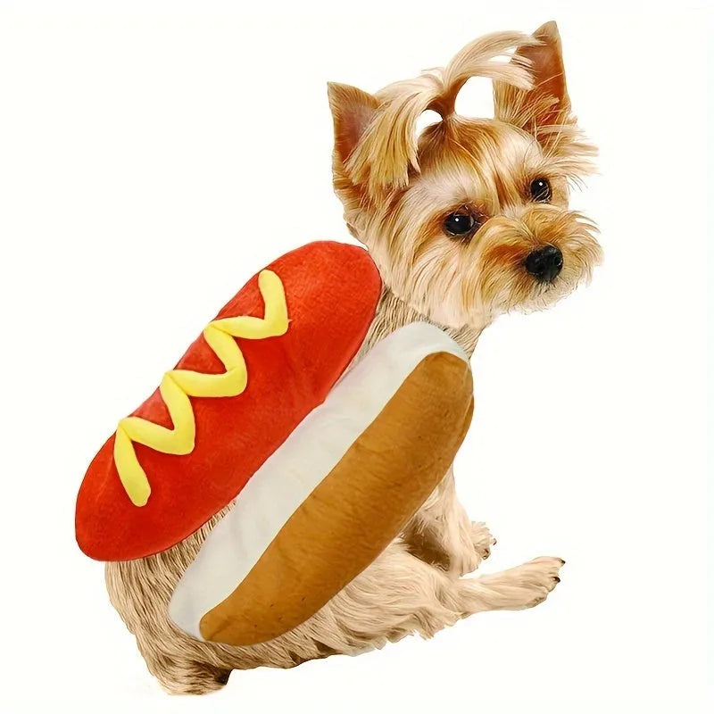 Red and beige hot dog costume coat for a small dog on a Dachshund, showing velcro closure.
