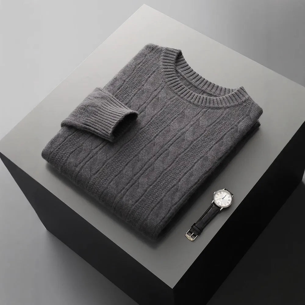 Men's double-strand thickened jacquard knitted sweater in raw velvet camel, loose fit pullover with long sleeves and textured knit pattern.