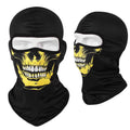 Motorcycle balaclava skull mask in Bakool silk laid flat, showing skull graphic print.