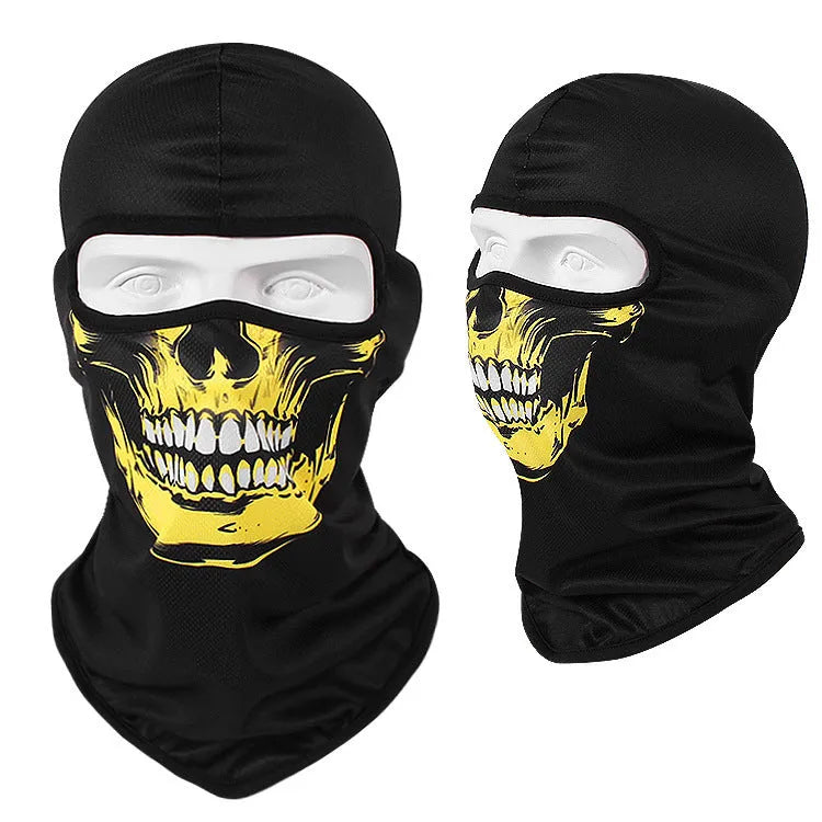 Motorcycle balaclava skull mask in Bakool silk laid flat, showing skull graphic print.