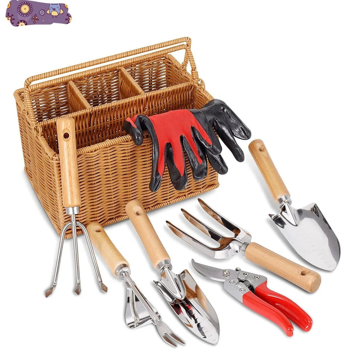 9pcs gardening tool set with wooden handle stainless steel hoe shovel pruning scissors and gloves