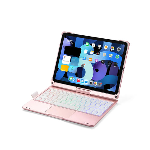 Rotating 360-degree Bluetooth keyboard with touch backlight for iPad Pro and iPad Air in black, rose gold, or silver