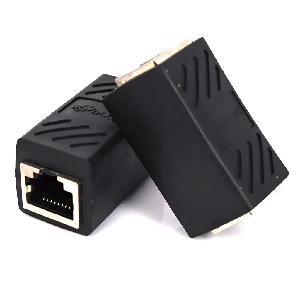 Black RJ45 female to female network cable extender adapter isolated on white