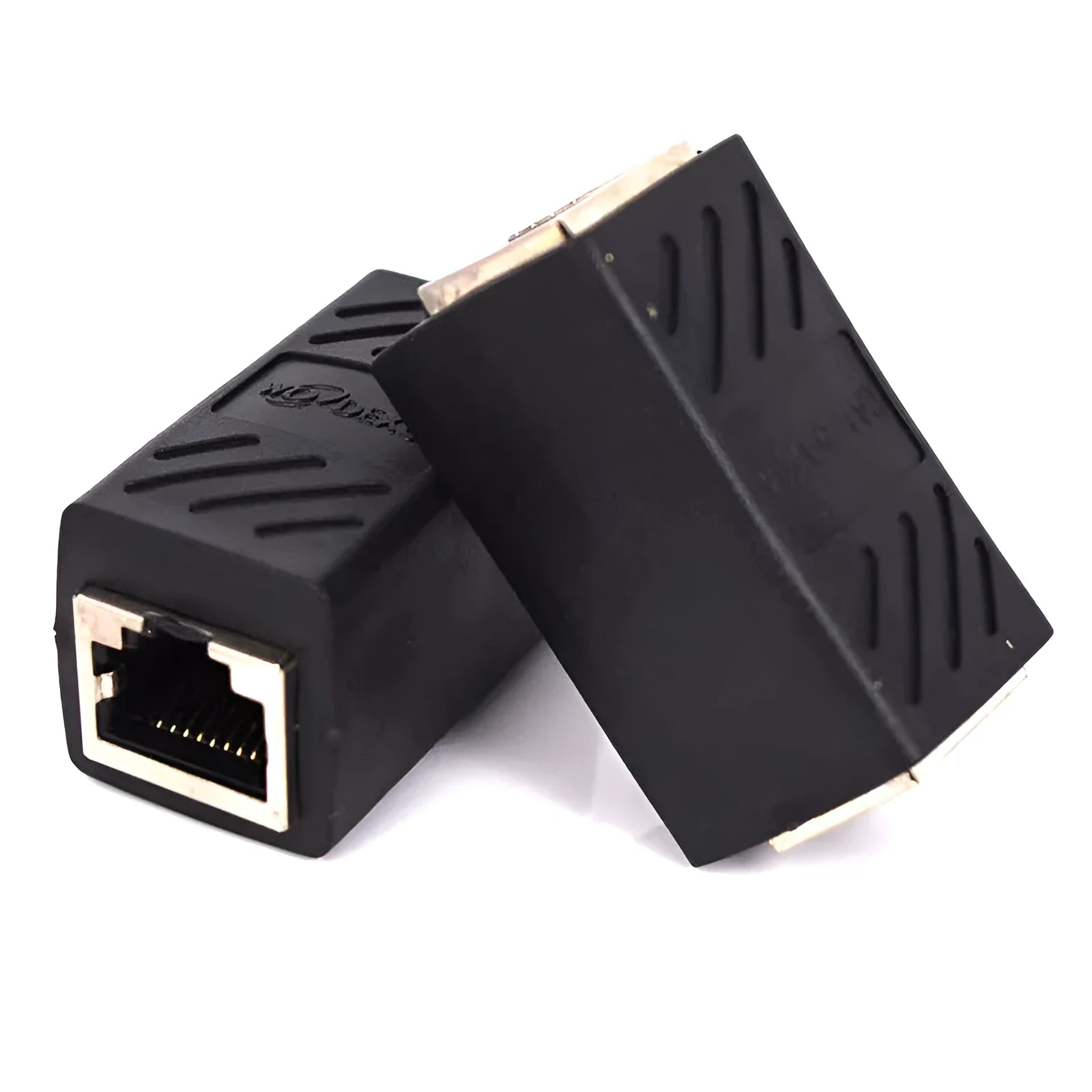 Black RJ45 female to female network cable extender adapter isolated on white