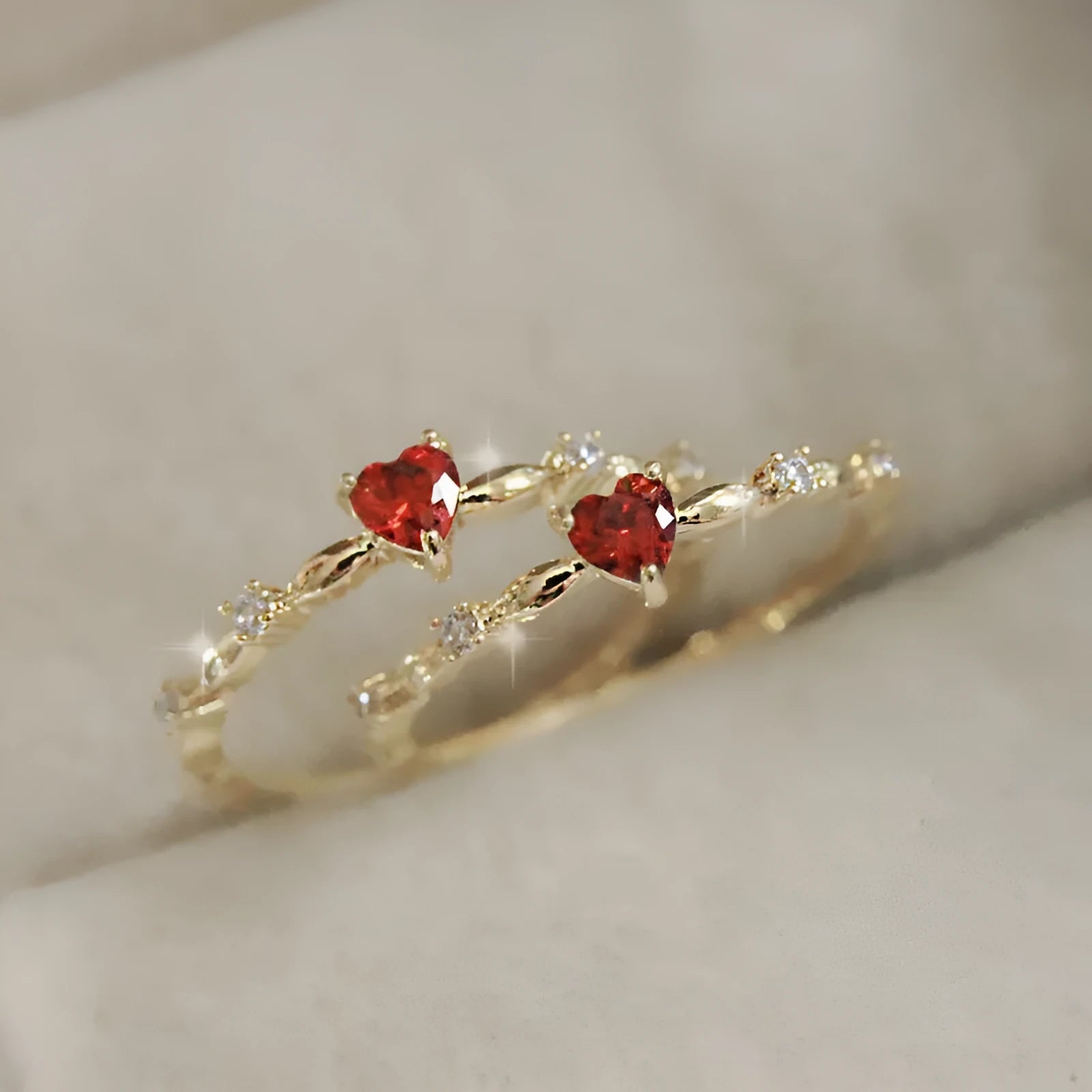 Personalised zircon peach heart ring in gold or silver electroplated copper with engraving option