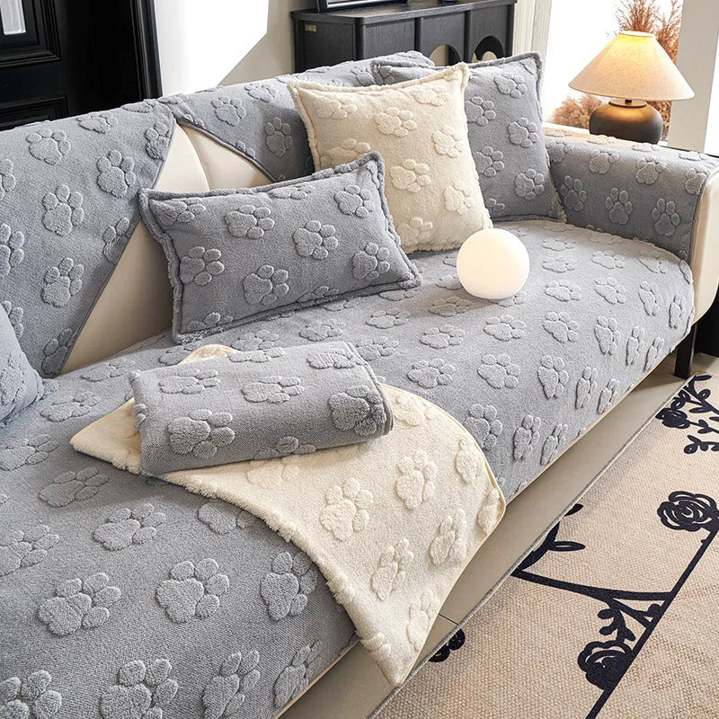 Thickened fleece non-slip sofa cushion in plush solid colour, available in beige, grey, khaki, and pink