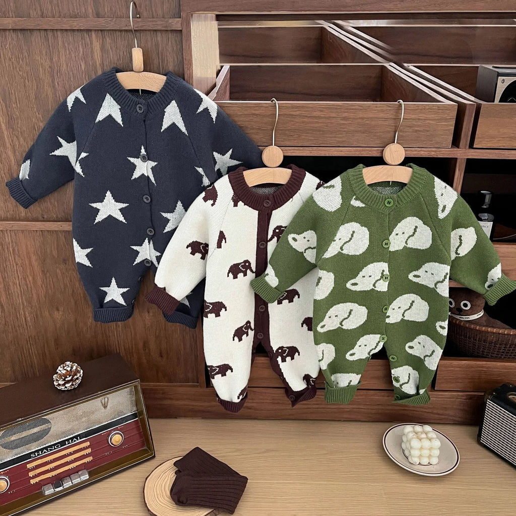 Baby casual cartoon embroidered knitted jumpsuit in dog head design, acrylic fibre, 66-100cm size options