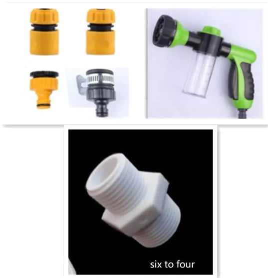 Green high-pressure foam spray gun with adjustable nozzle and attached water hose for car and garden cleaning.