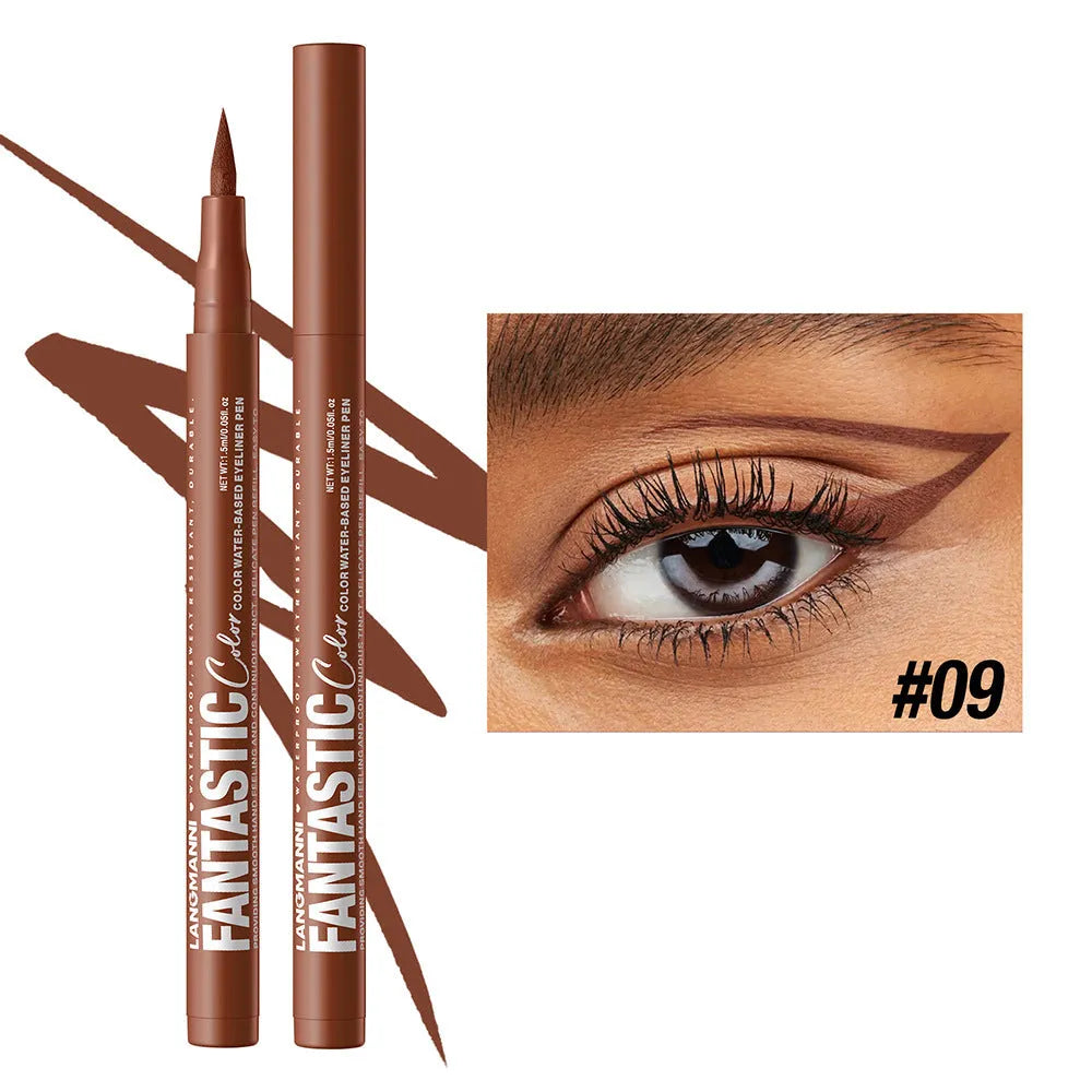 Matte anti-smudge liquid eyeliner in twelve colours including white, gold, purple, brown, blue, and iron grey