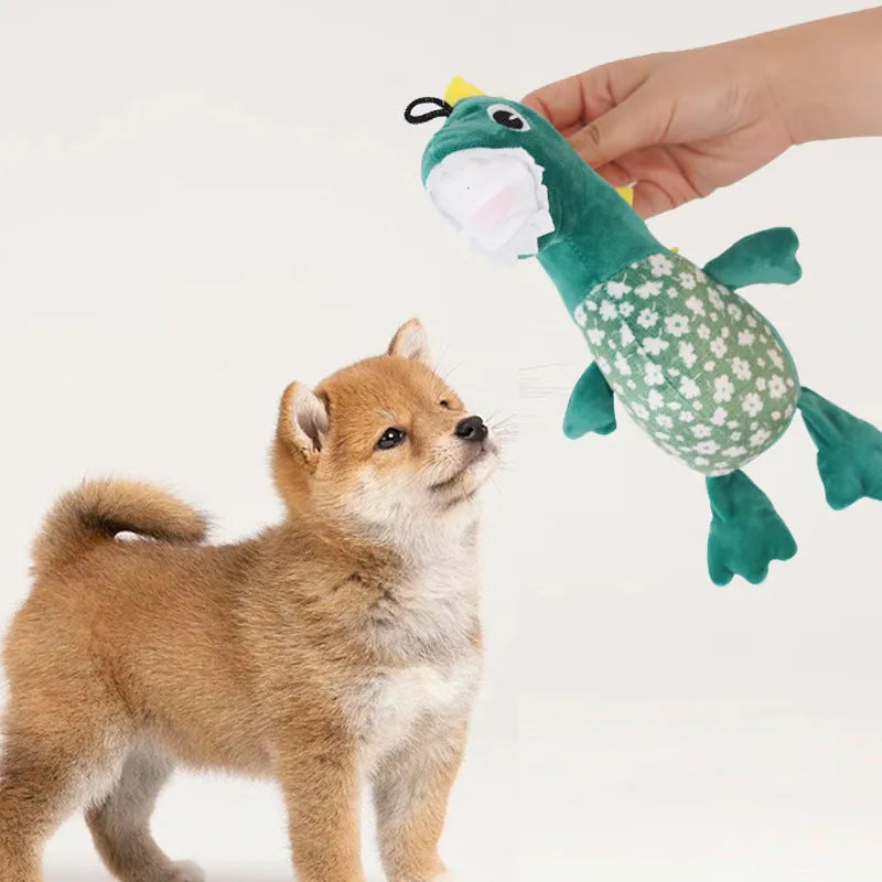Green plush squeaky puppy chew toy, 26cm x 14cm and 80g, for small dog gnawing and play