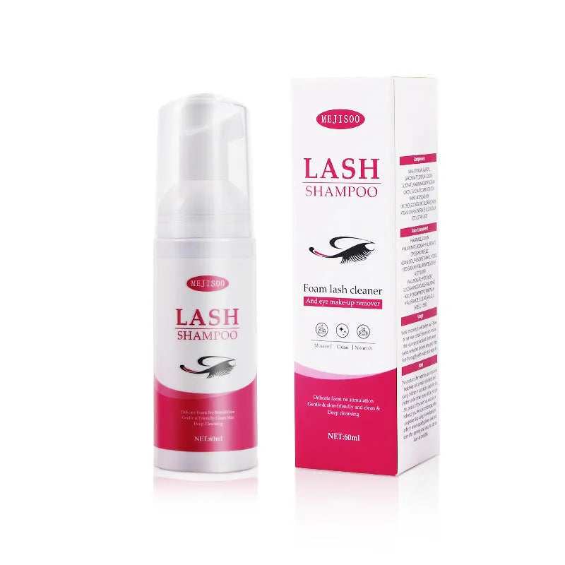 60ml bottle of Lash Shampoo Mousse eyelash cleaning solution on a beauty background.