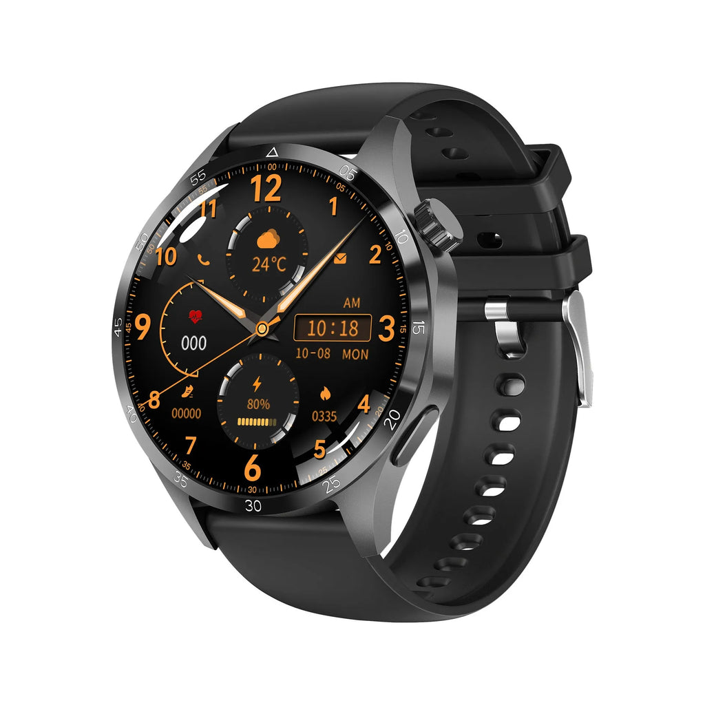 Black Bluetooth calling smartwatch with TFT touch screen on a silicone strap, showing health metrics display.