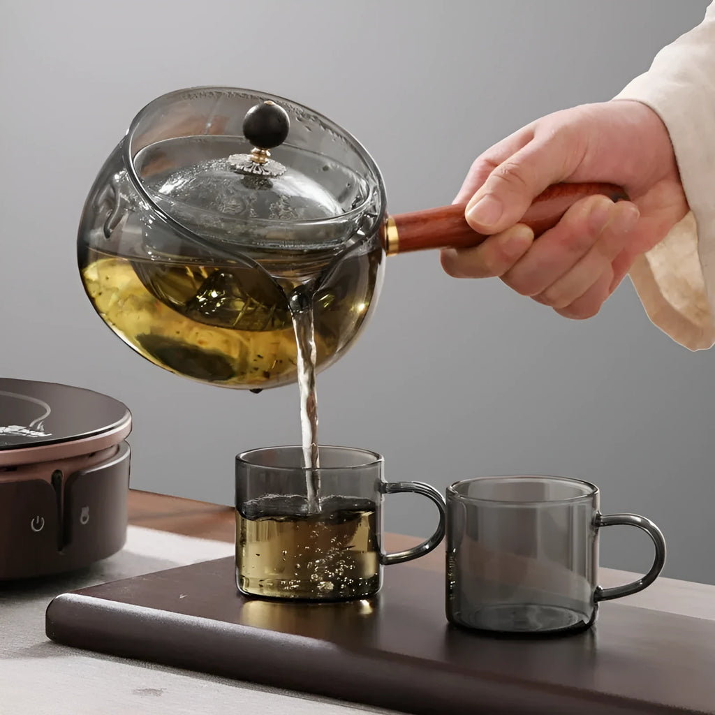Semi-automatic rotary glass teapot with infuser and wooden handle, transparent borosilicate glass, modern simplicity style
