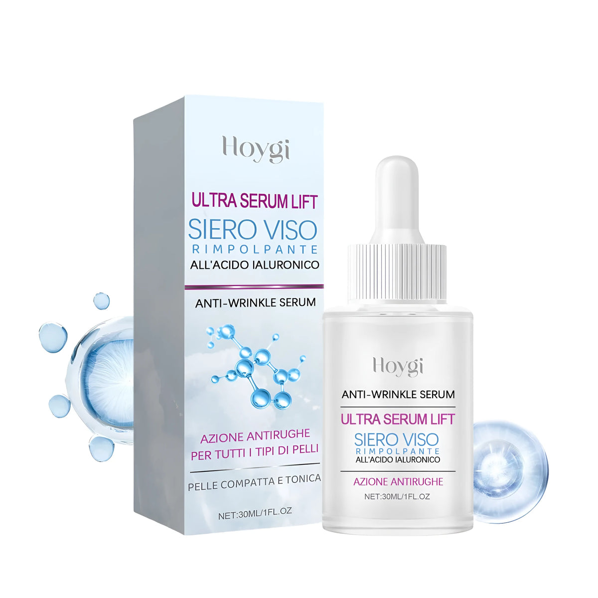 30ml clear bottle of hyaluronic acid anti-wrinkle serum essence for face