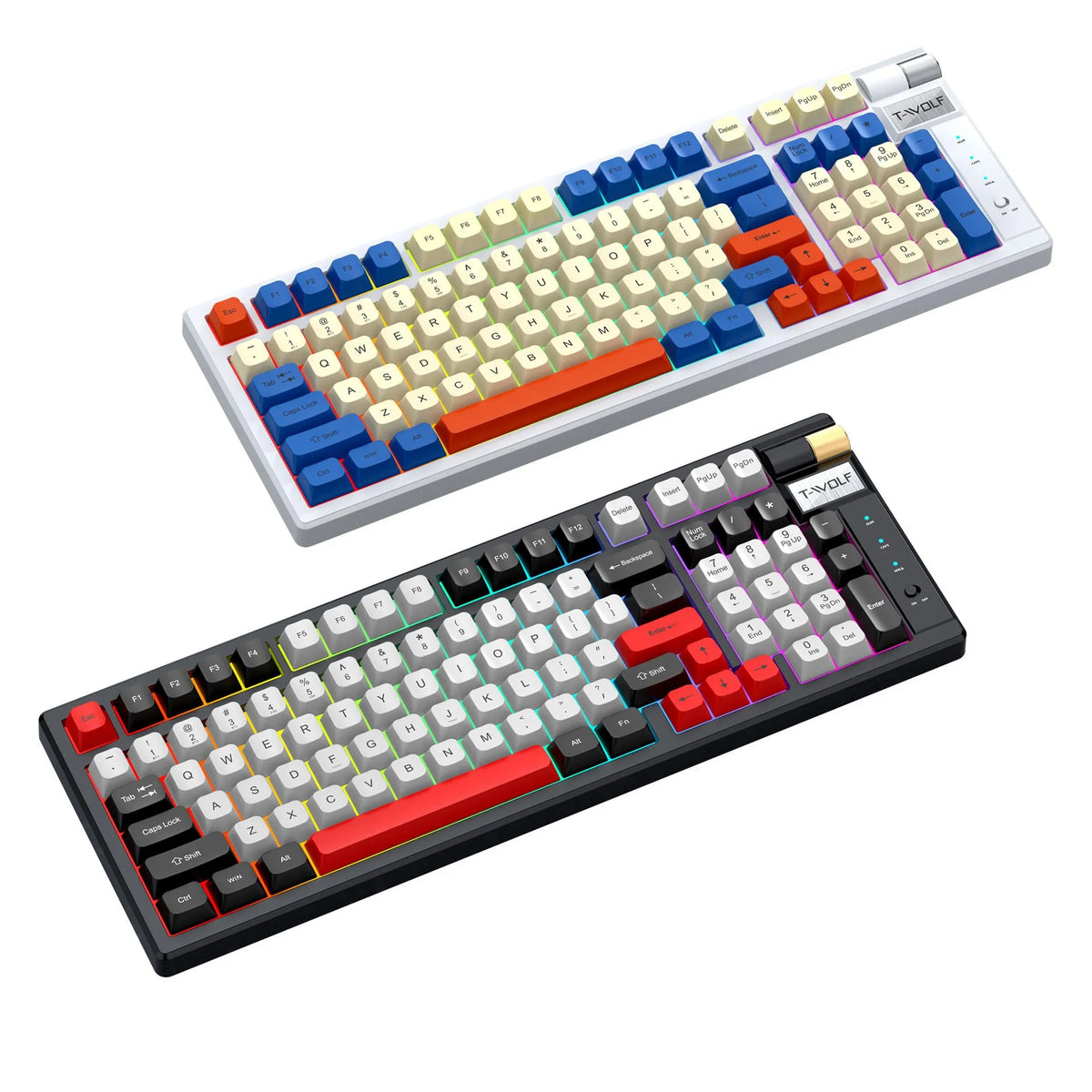 Bluetooth charging gaming mechanical keyboard in Blue Orange or Black Red, ABS body, 404 x 172 x 37.5mm, with USB receiver and 1.5m cable.