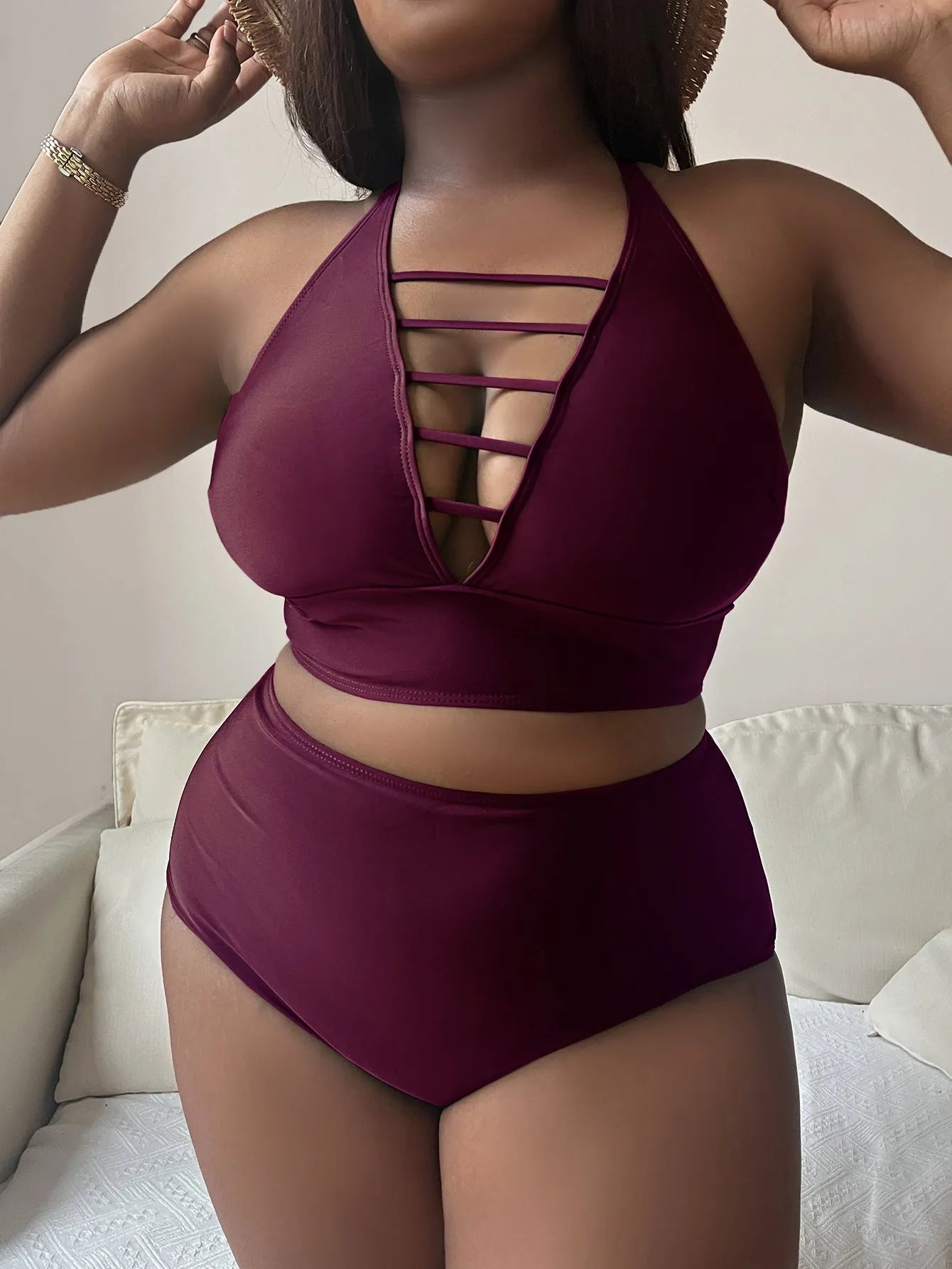 Plus size halter bikini with adjustable cross shoulder straps and high waist briefs in solid colour