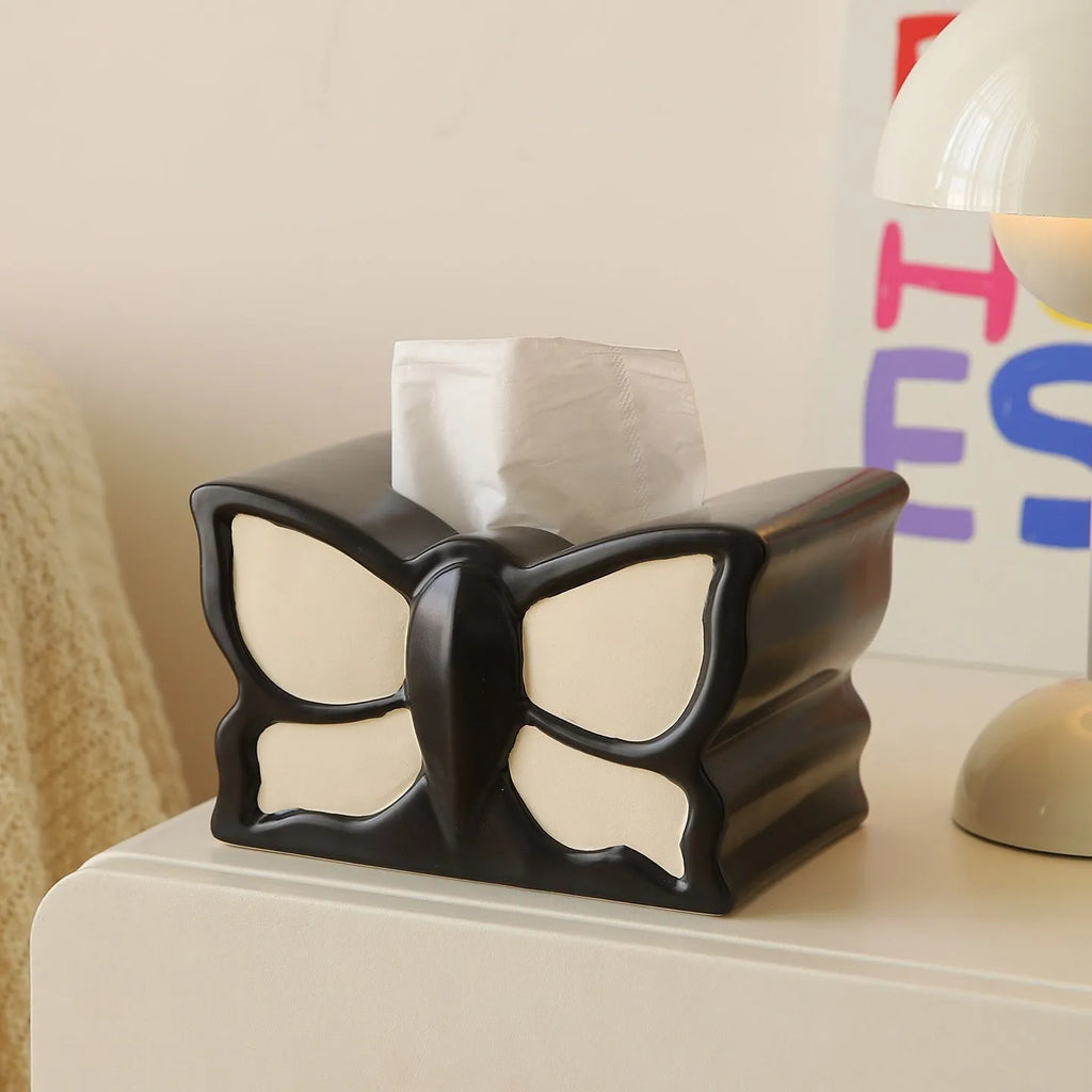 Ceramic butterfly-themed vase and matching waterproof tissue box set for living room decor.