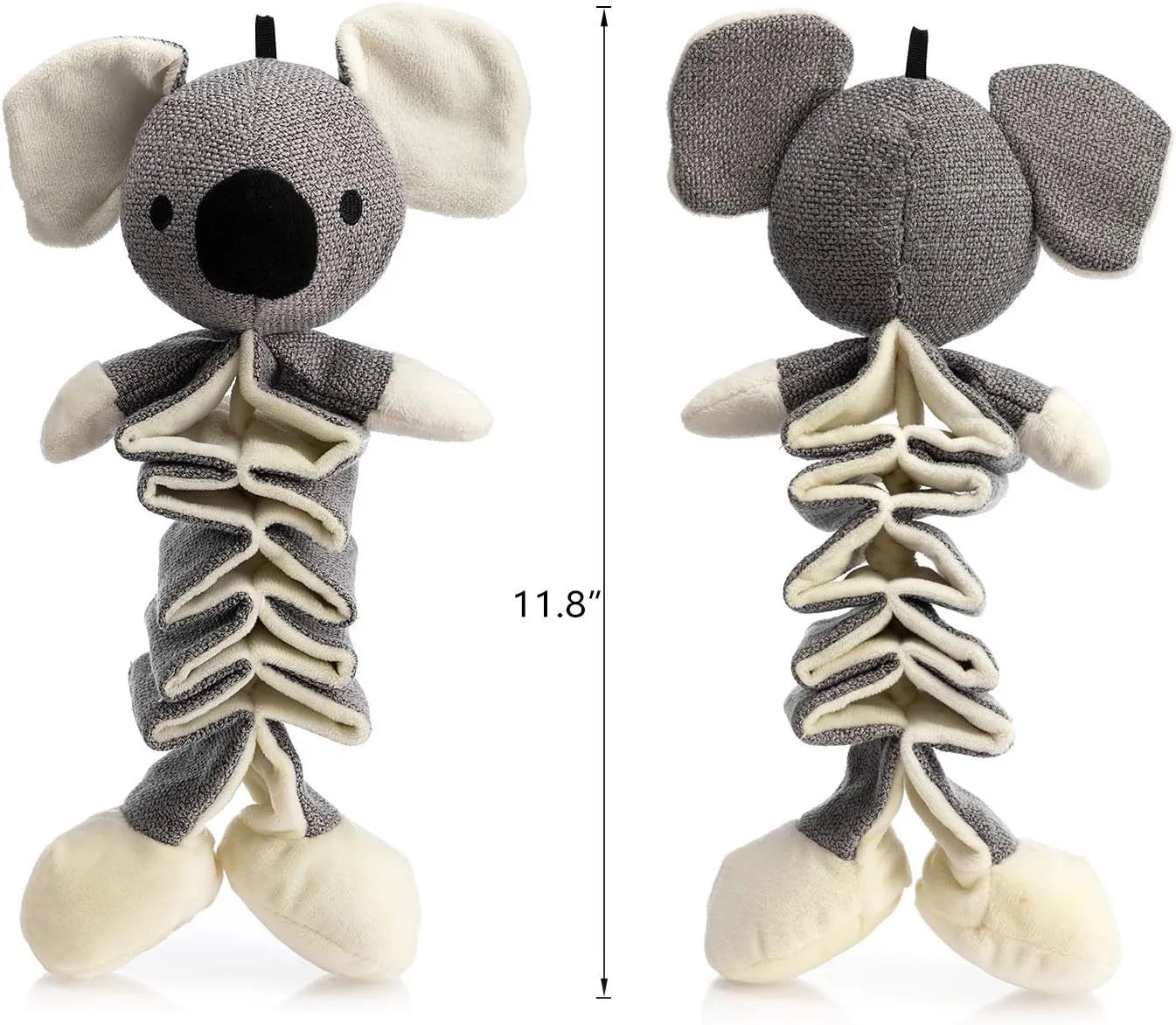 Gray koala-shaped dog chew toy with crinkle paper and squeaker, measuring 30cm.