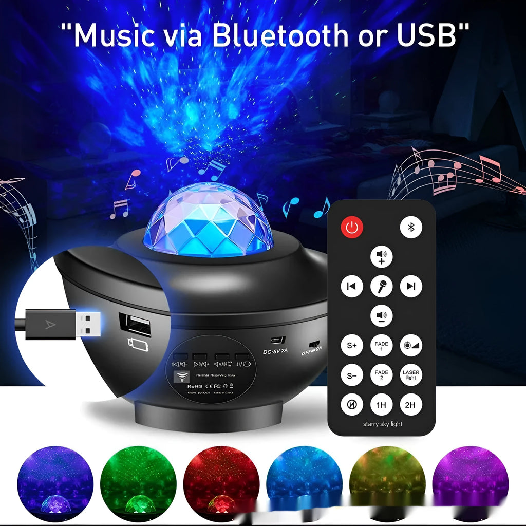 Black parallel starry sky projection lamp with rotating water ripple laser light and Bluetooth music capability on desktop
