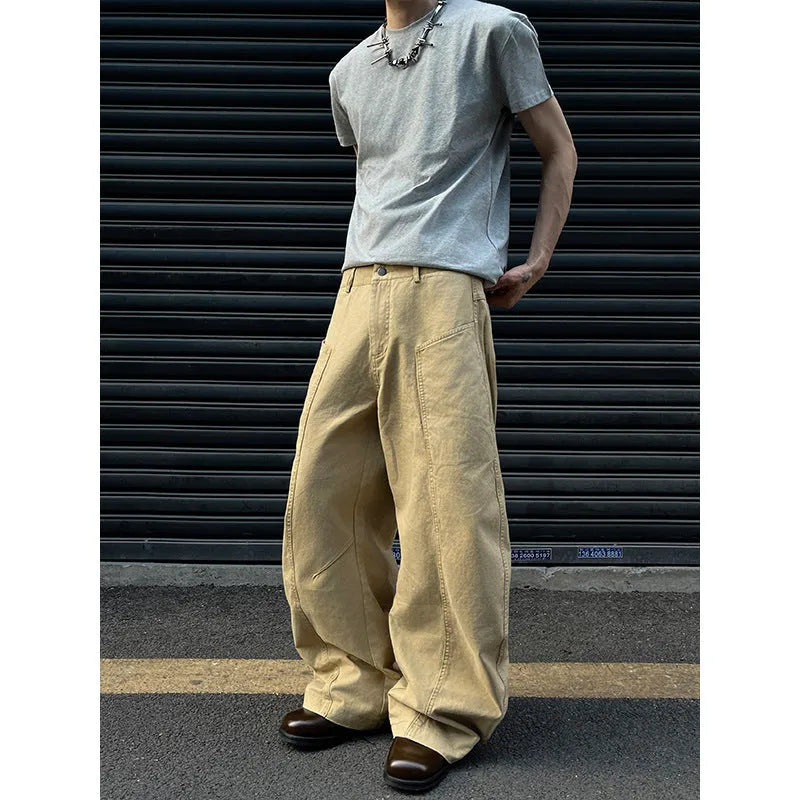 Men's khaki straight leg trousers in American retro style with solid colour cotton fabric
