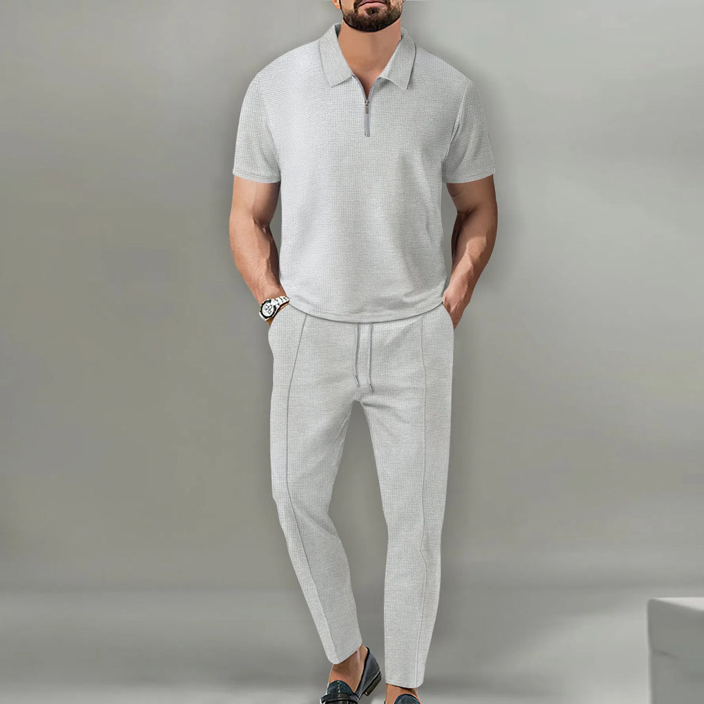 Men's waffle lapel casual suit set short sleeve top and trousers solid colour khaki