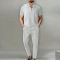 Men's waffle lapel casual suit set short sleeve top and trousers solid colour khaki