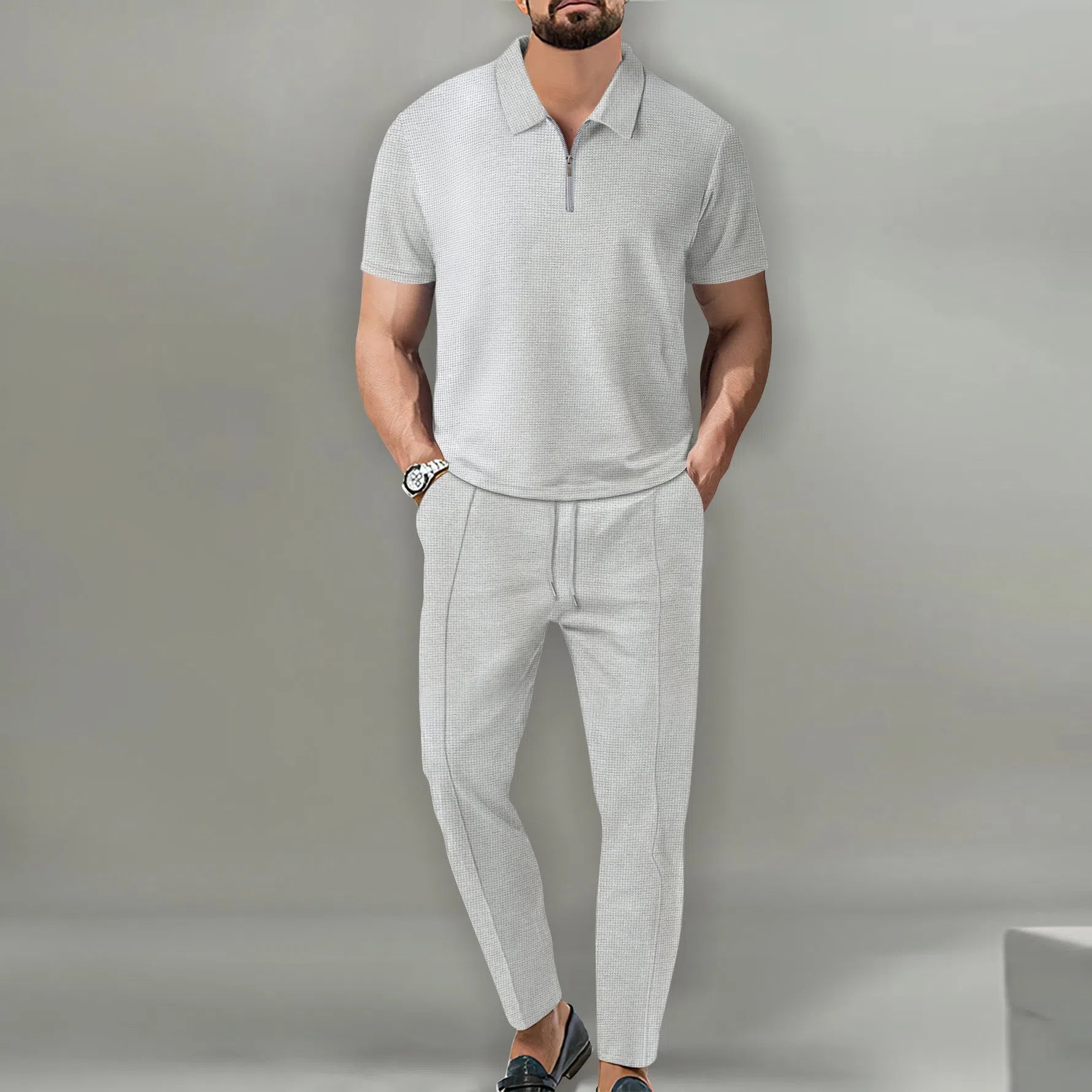 Men's waffle lapel casual suit set short sleeve top and trousers solid colour khaki