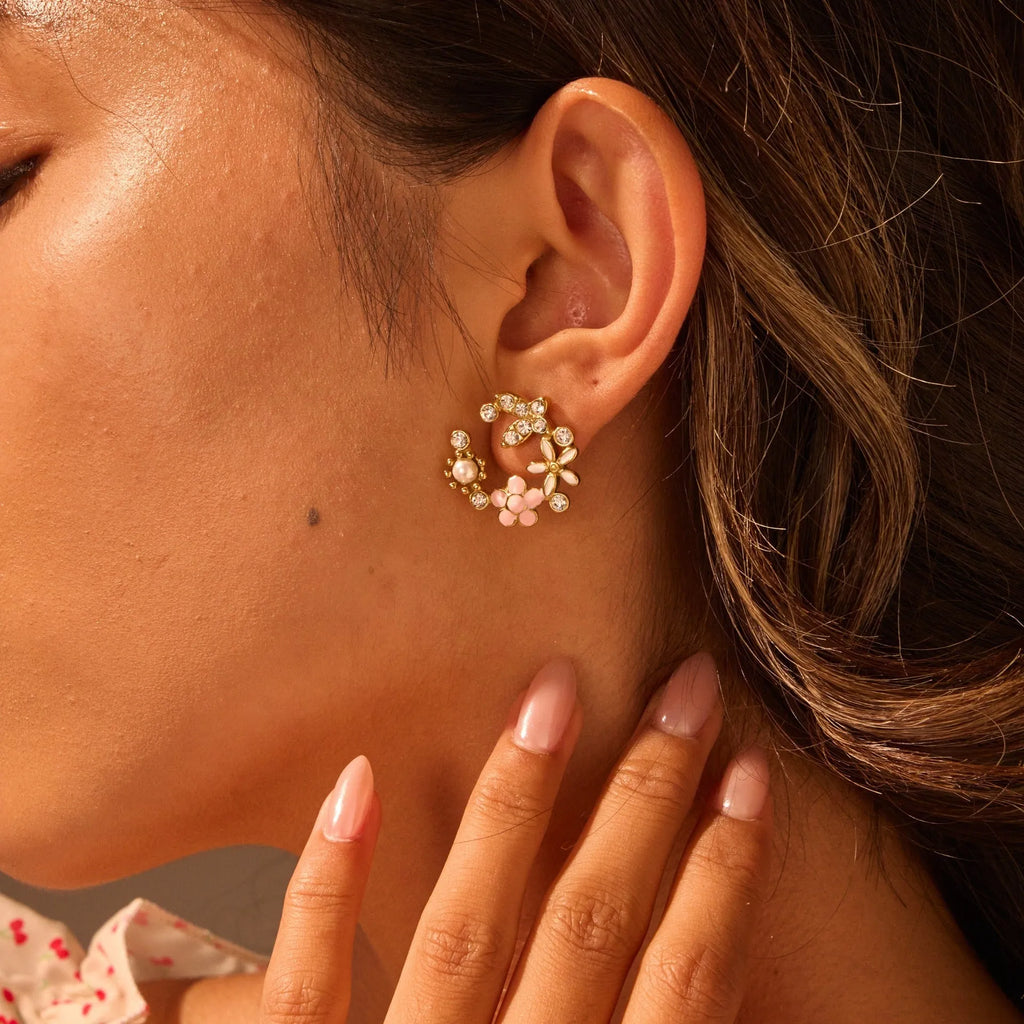 Flower stud earrings with colourful electroplated petals on gold-plated stainless steel