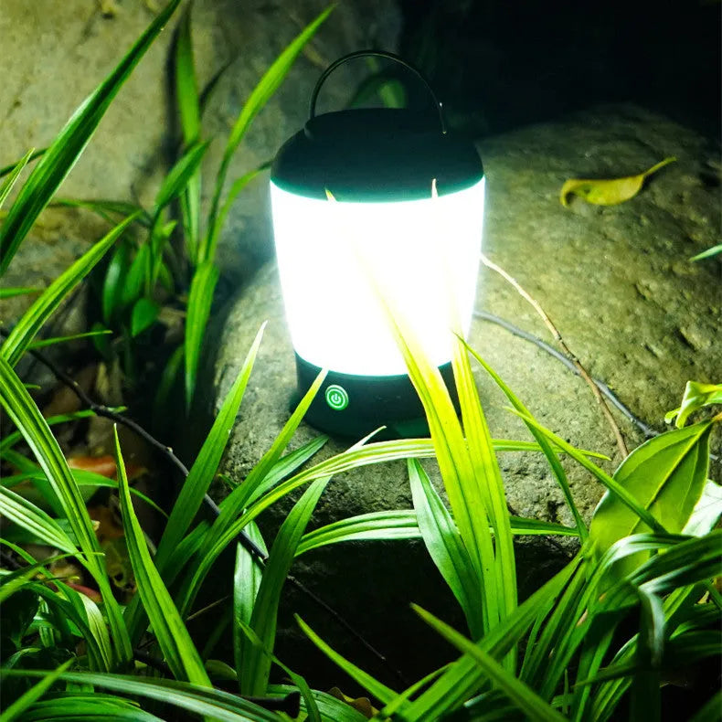 Green ABS plastic camping light, 14.5cm by 14.5cm, 5W 350LM, USB rechargeable with three-stage mode