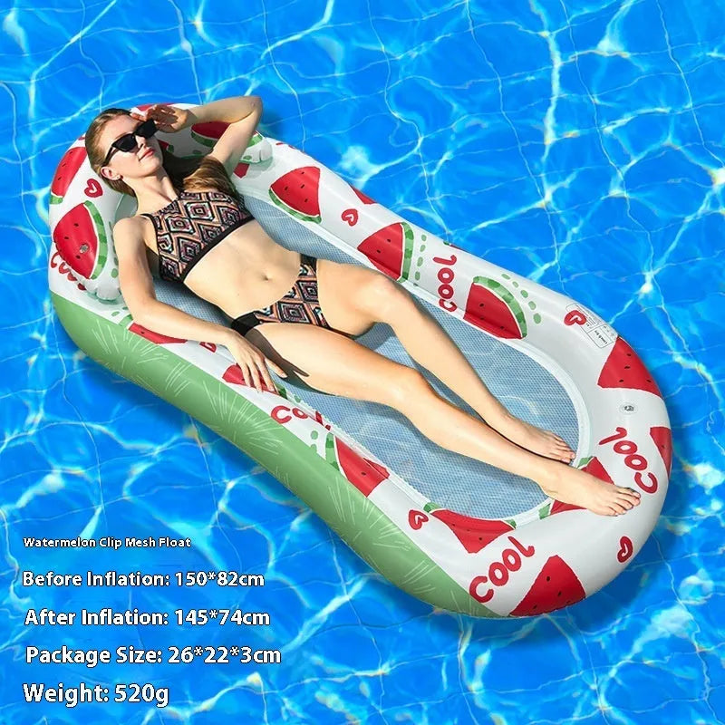 PVC inflatable floating row pool lounger in a mesh deck chair design with bright gradient colour wave.