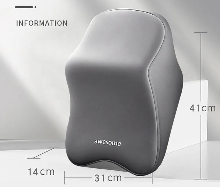 Black memory foam car headrest pillow and lumbar support pillow on a car seat