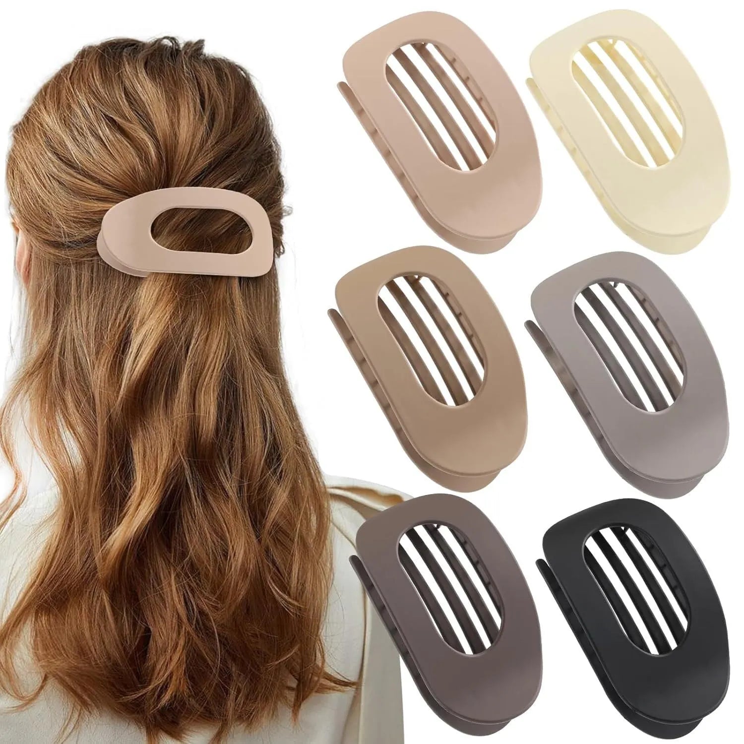 Six plastic hair clips with frosted grip and quadrilateral design in nude colour