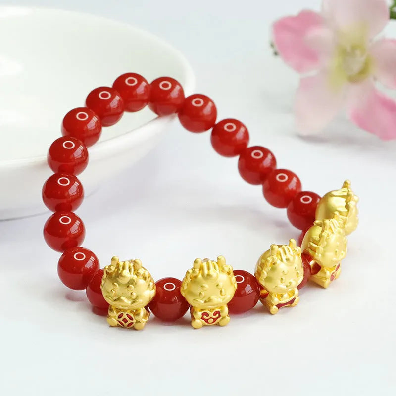 Natural red agate Five Blessing Dragon bracelet with 8mm beads, Chinese style spiritual accessory