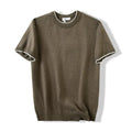 Men's loose knitted round neck T-shirt with contrast colour pattern and short raglan sleeves in black, white, grey, apricot pink or olive green.