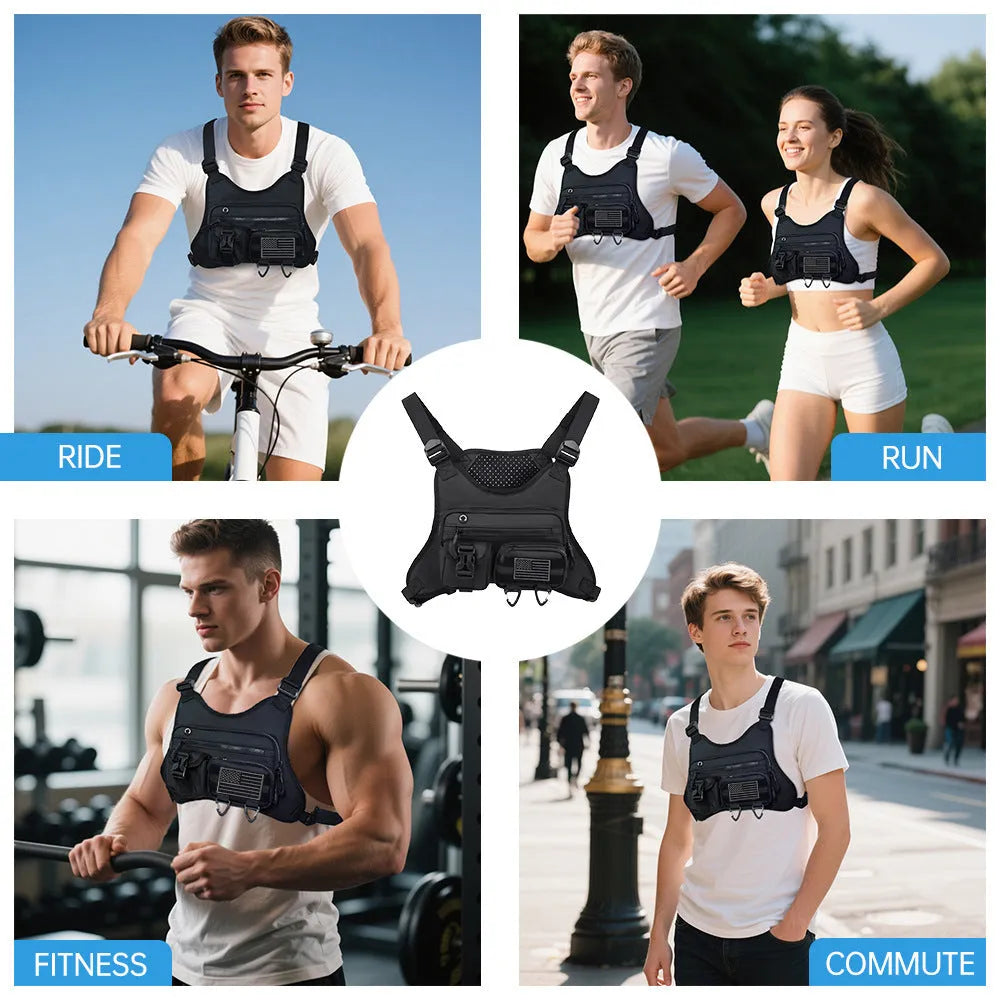 Outdoor sports chest bag designed as a breathable vest in Oxford cloth, shown in black.