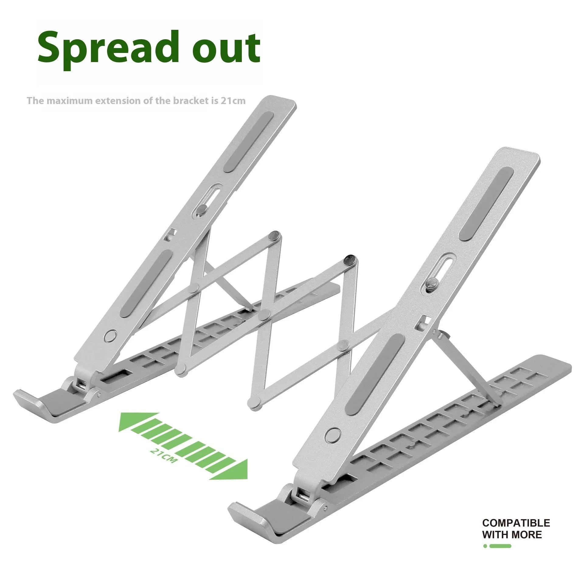 Three-fork aluminium alloy laptop stand in silver with adjustable lifting design for heat dissipation