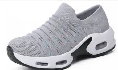 Plus size fly-knit socks shoes with mesh upper in multiple colour options showing round toe design