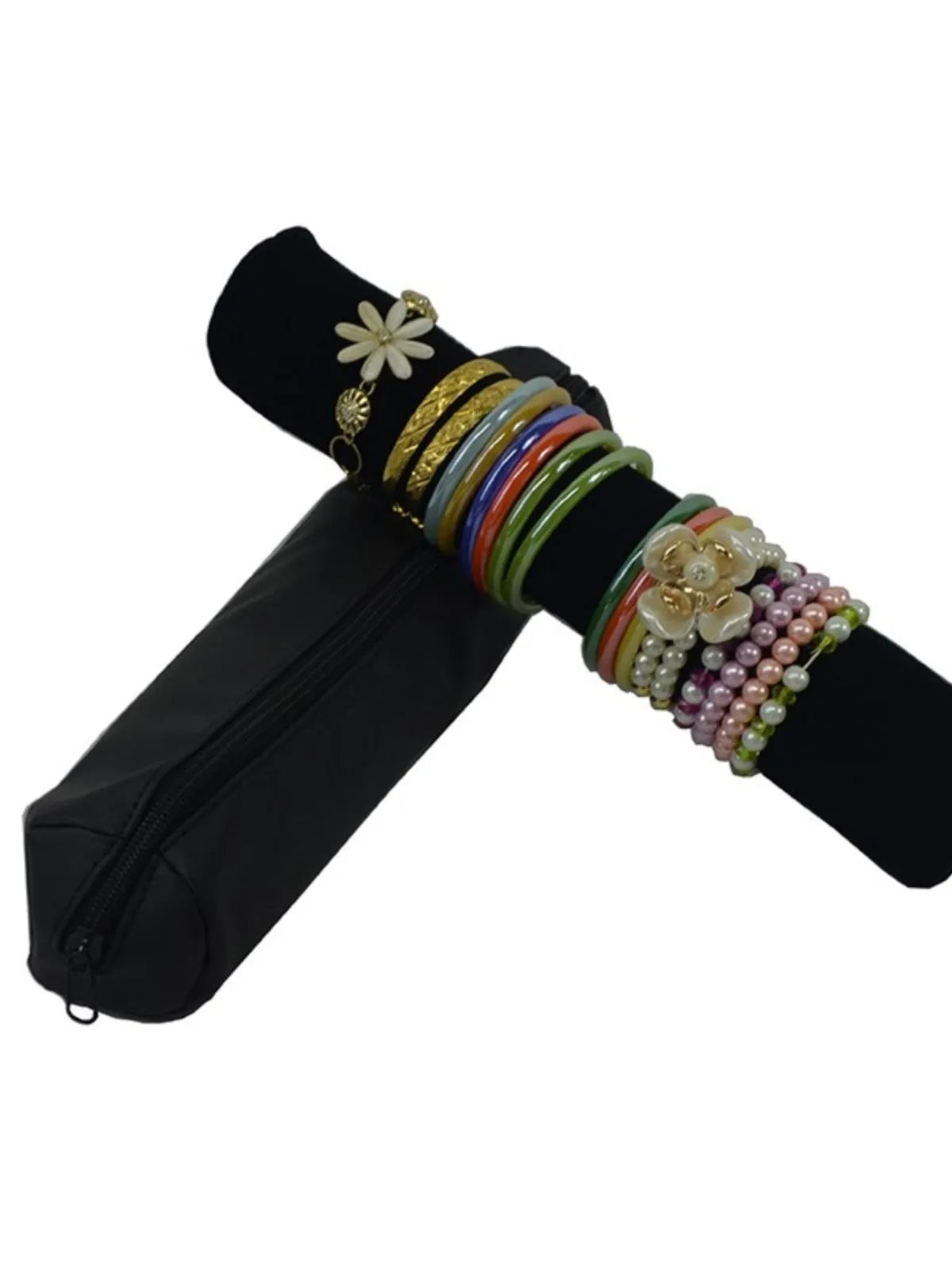 Polyester women's portable bracelet watch buggy bag storage case in black velvet with black bracelet stick