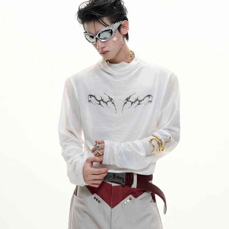 Black and white slim-fit long sleeve bottoming shirt made of niche mesh fabric.