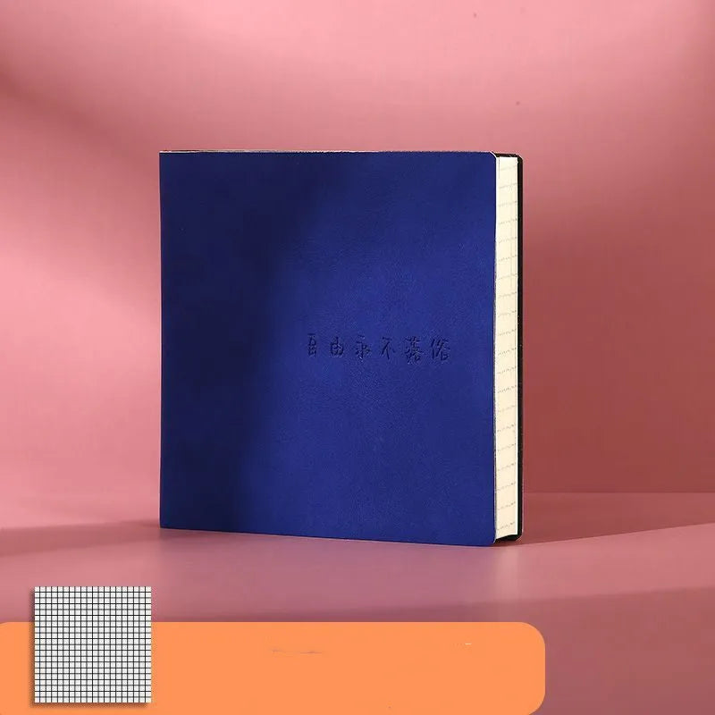 Square notebook with textured faux leather mesh cover in multiple colour options showing three interior format choices