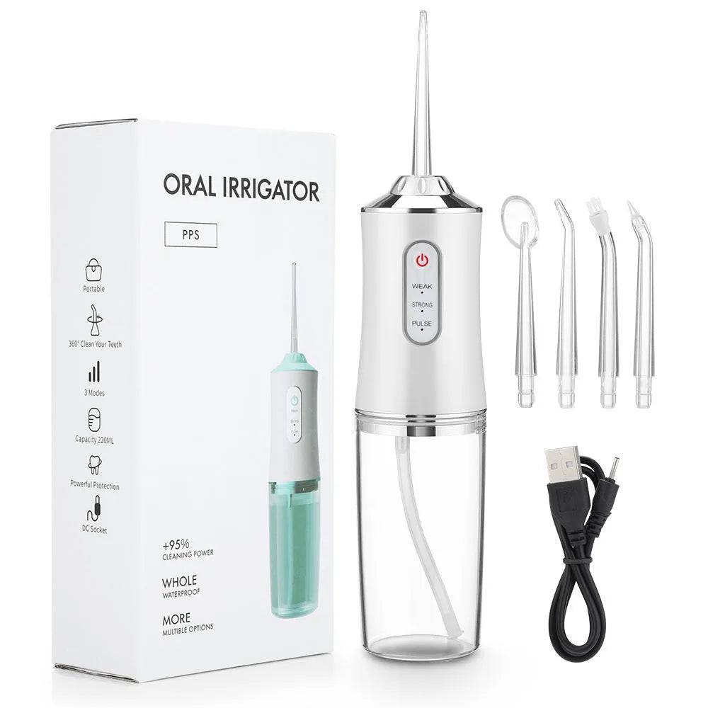 Handheld electric water pick in white, pink or light green with three speed settings, under 300mL tank, USB cable and four nozzles
