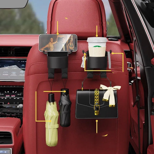 Black plastic car seat back organiser with integrated cup holder and hanging hook.